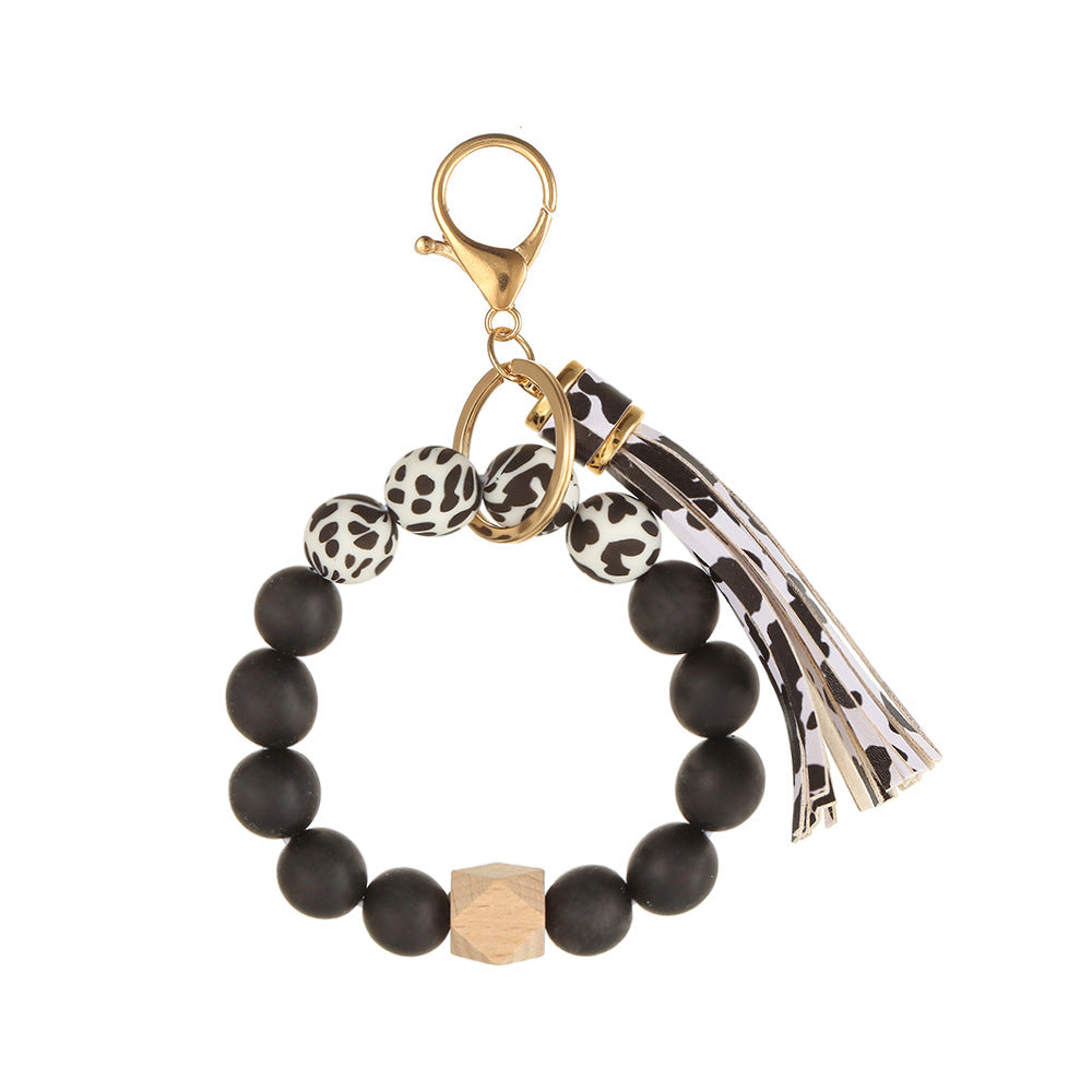Wholesale Leopard Print Silicone Beaded Tassel Wrist Keychain