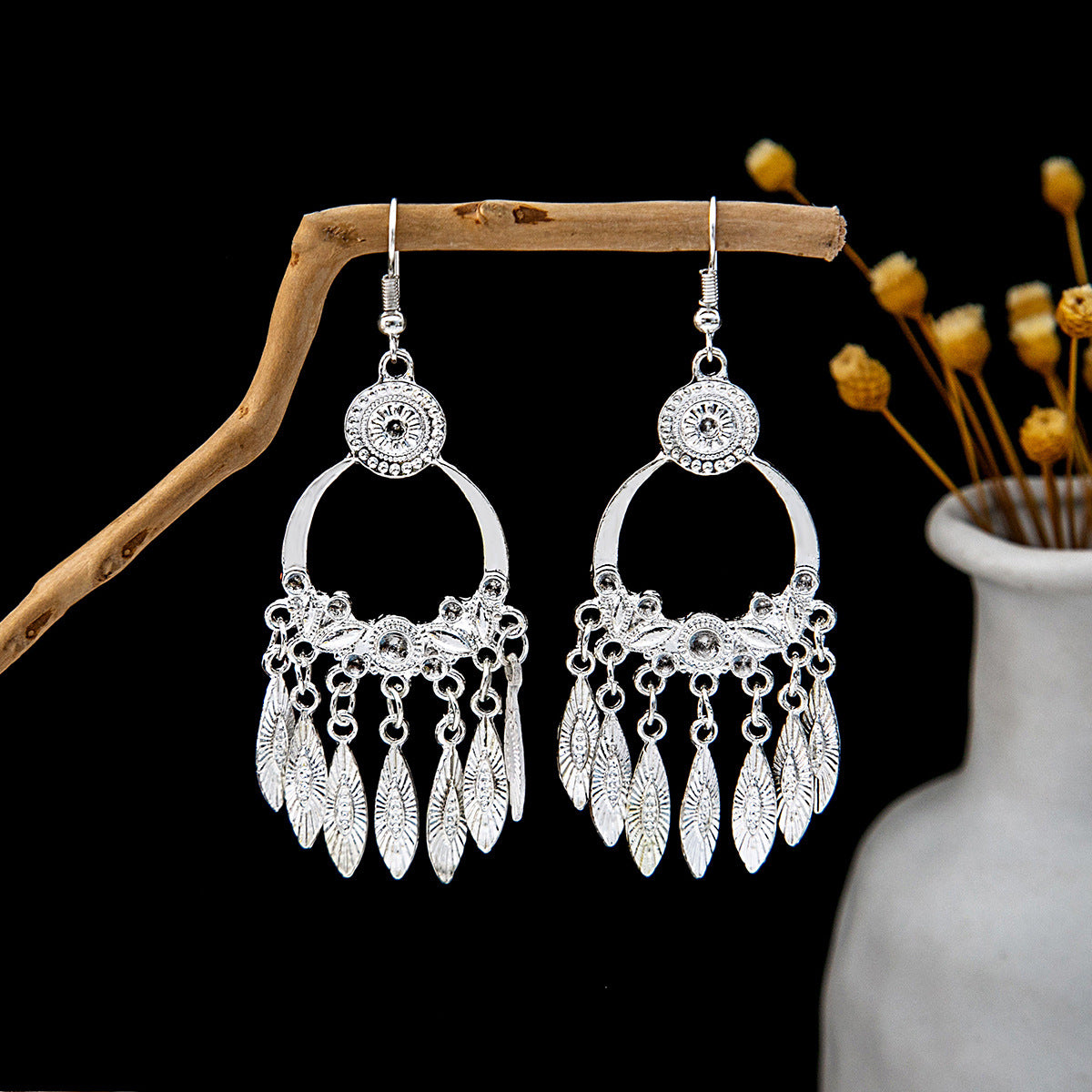 Wholesale Peacock Bell Tassel Hollow Leaf Earrings ACC-ES-MDD025