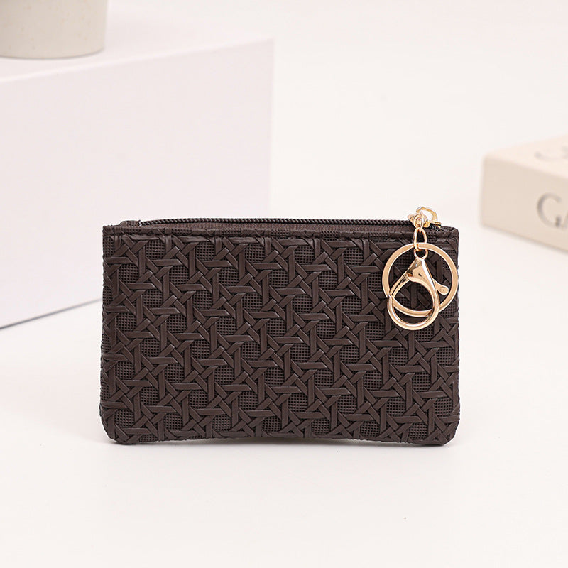 Wholesale Trendy Woven Coin Purse For Women PU Leather Solid Black Keychain Wallet Fashion Accessory