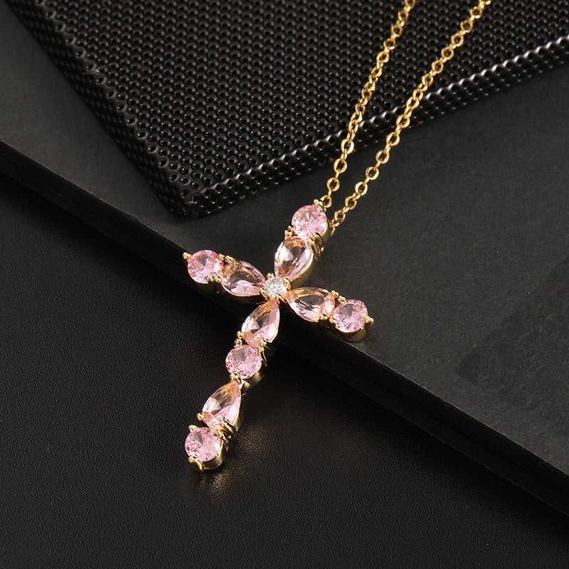 Wholesale Copper Electroplated Cross Pendant Necklace Colorful Zircon Geometric Religious Faith Fashion Accessory