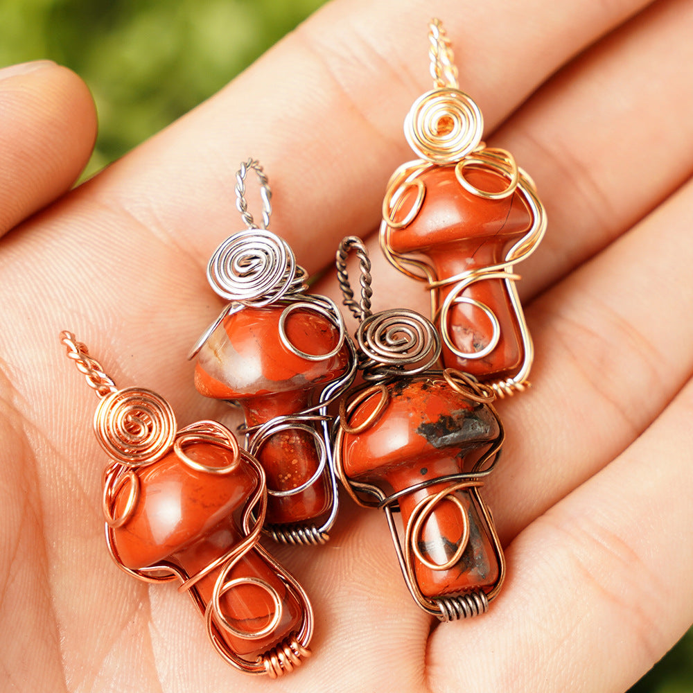 Wholesale Natural Crystal Mushroom Pendant Handmade Silk Cute Little Mushroom Crystal Mesh Bag Necklaces ACC-NE-RongGuan014