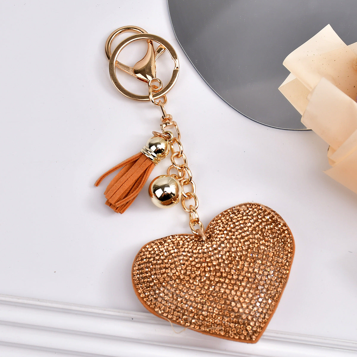 Wholesale  Peach Heart Rhinestone Leather Keychain