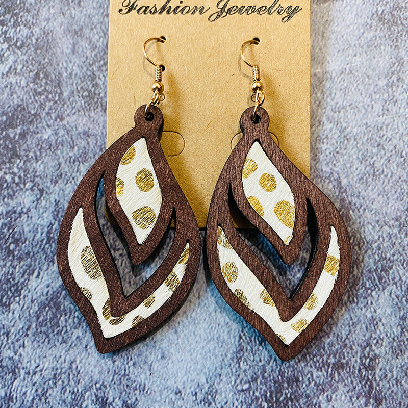 Wholesale  Western retro wooden earrings leopard print milk pattern inlaid earrings