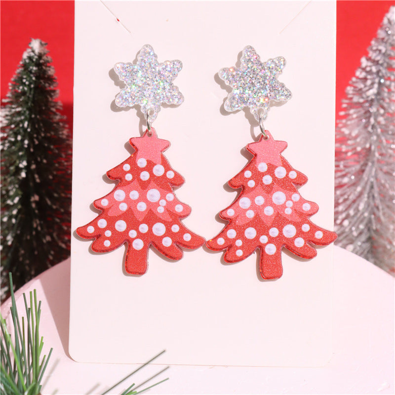 Wholesale Acrylic glitter snowflake Christmas tree earrings