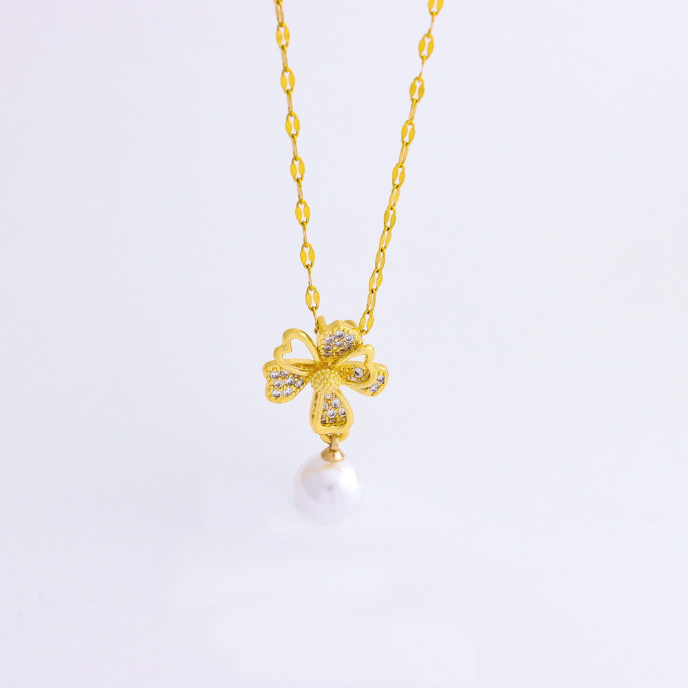 Wholesale Titanium Steel Classic Retro Micro-inlaid Flower  Pearl Necklace Earrings Jewelry Set