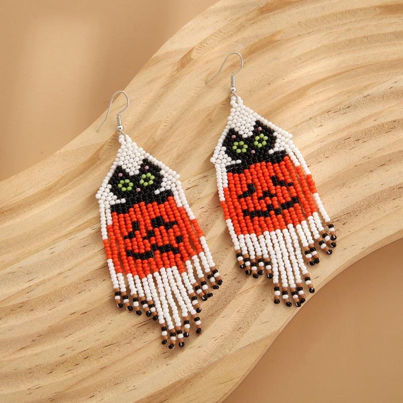 Wholesale Halloween Rice Bead Tassel Earrings Women Bohemian Pumpkin Ghost Handmade Earrings ACC-ES-YuanQin003