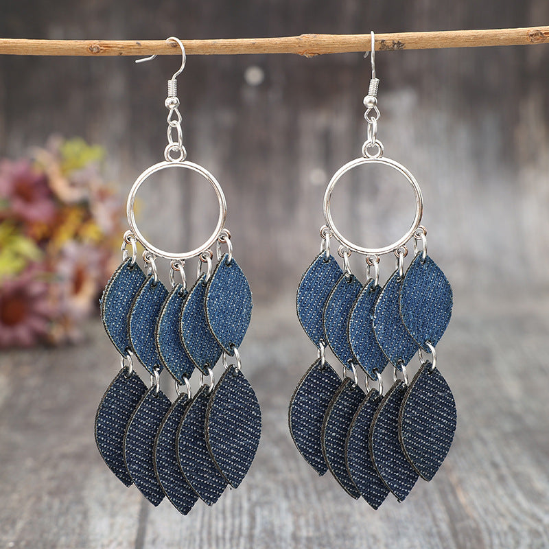 Wholesale PU Leather Leaf Tassel Earrings Retro Denim Light Blue Jewelry Accessory
