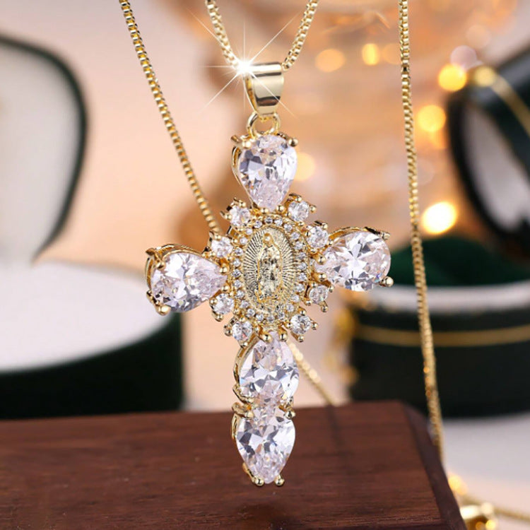 Wholesale  micro inlaid zircon pendant creative personality Virgin Cross necklace