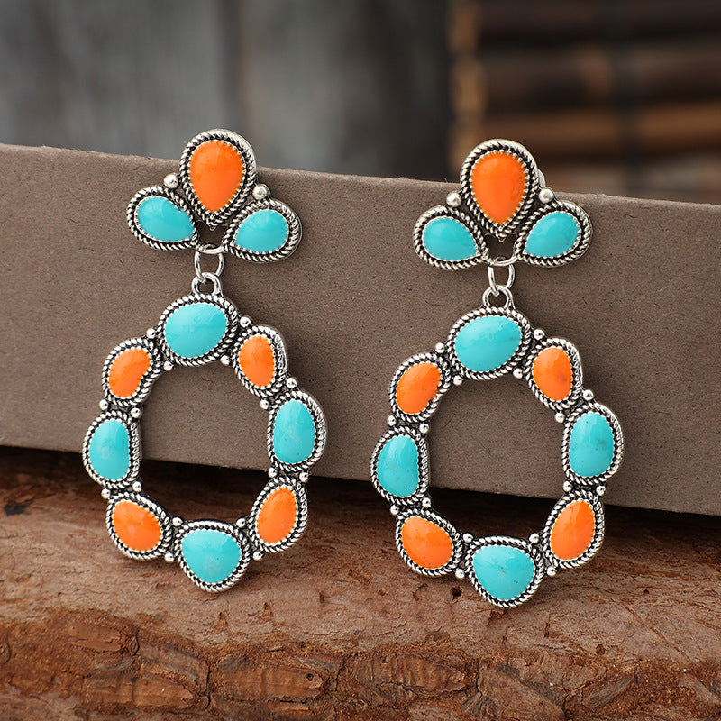 Wholesale Bohemian Style Inlaid Turquoise Geometric Alloy Retro Earrings