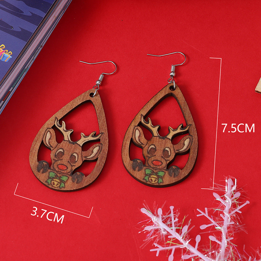 Wholesale Christmas elk hollow water drop pendant wooden double-sided stainless steel earrings