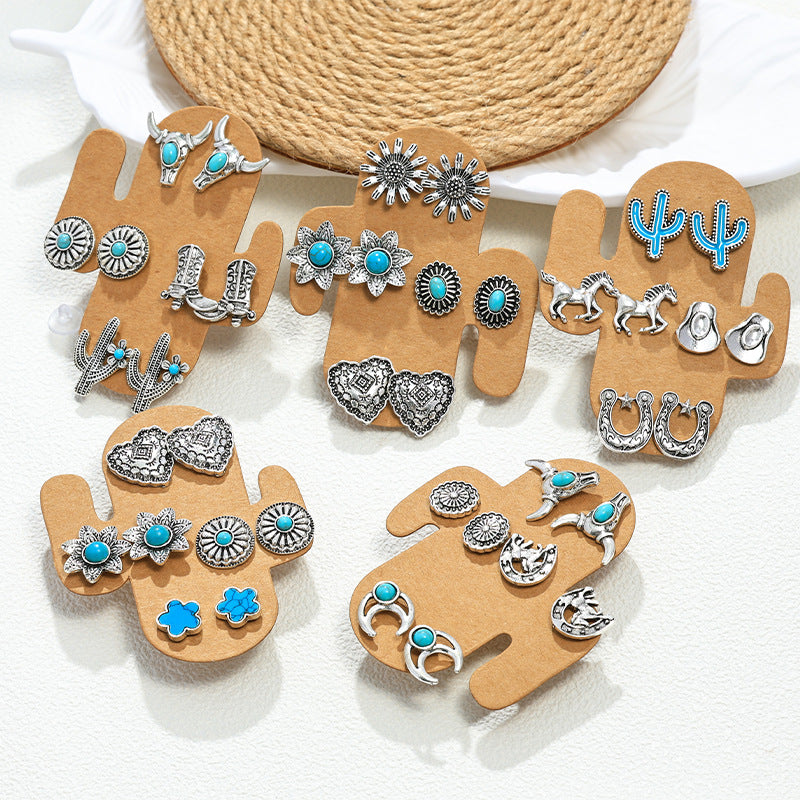 Wholesale Turquoise Cactus Four-Piece Earring Set