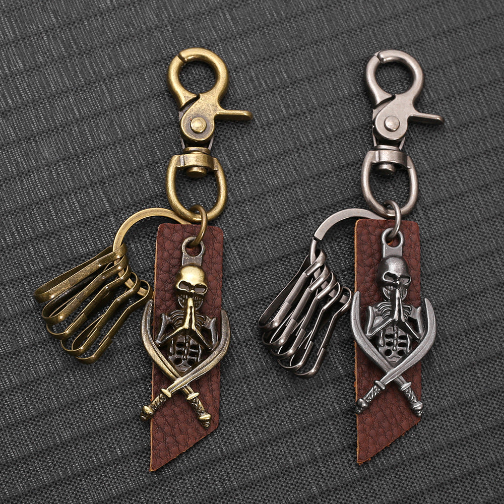 Wholesale Retro Men S Skull Keychain With Alloy Leather Pendant And Hook Antique Bronze Finish Fashion Accessory