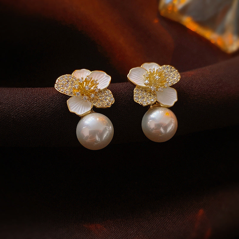 Wholesale  Zircon Flower Pearl 925 Silver Earrings Light Luxury Earrings