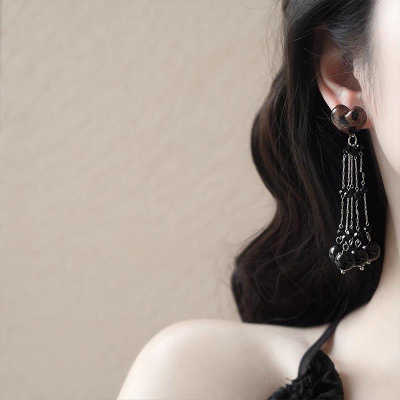 Wholesale black tassel long leopard print heart earrings