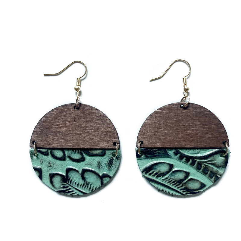 Wholesale Western earrings Wood  genuine leather embossed  earrings
