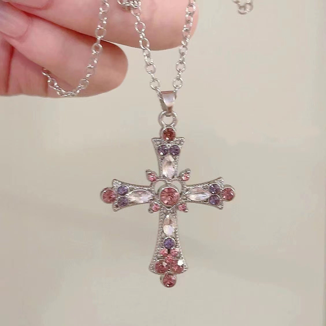 Wholesale Zinc Alloy Electroplated Pink Cross Pendant Necklace,  Gothic Y2K Layering Choker,  Trendy Jewelry Accessory for Women