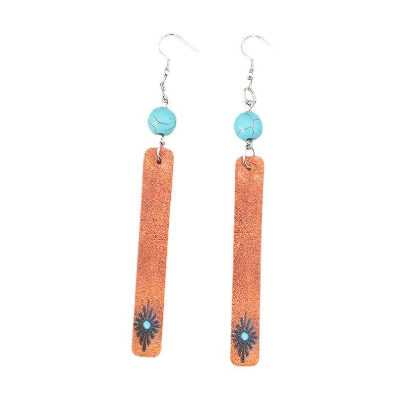 Wholesale Retro Style Turquoise ing Rectangular Long Pendant Leather Earrings Party Wear Fashion Accessory