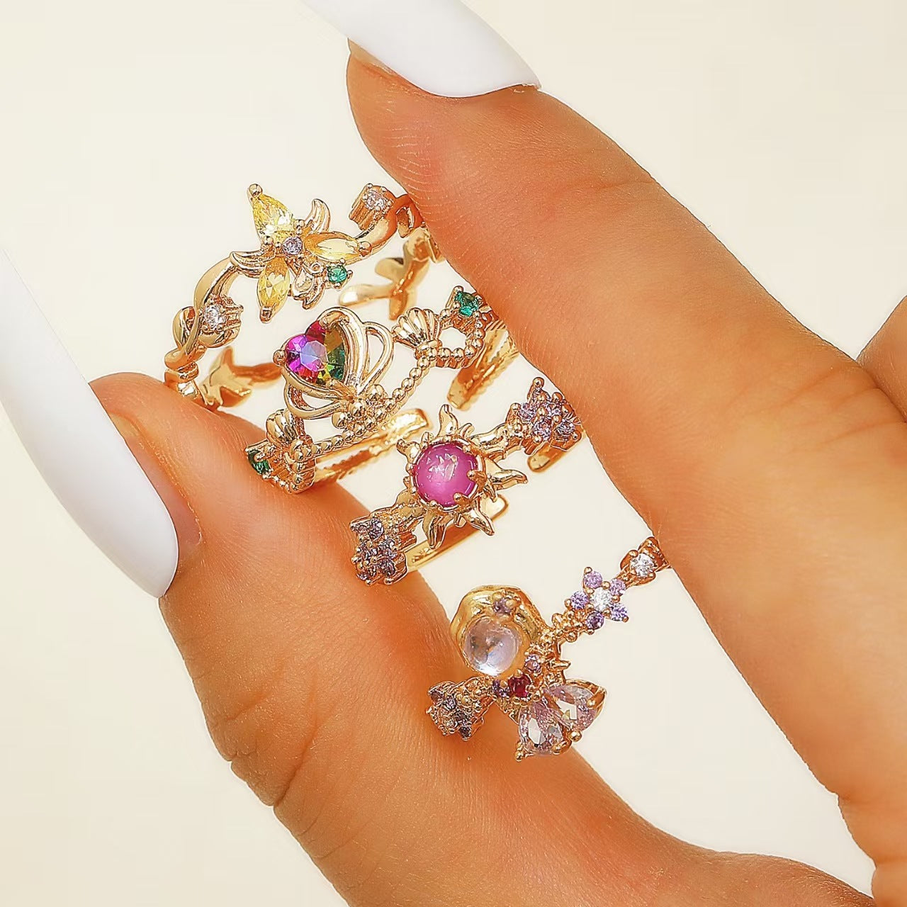 Anello aperto regolabile all'ingrosso del fumetto variopinto del fiore di zircone