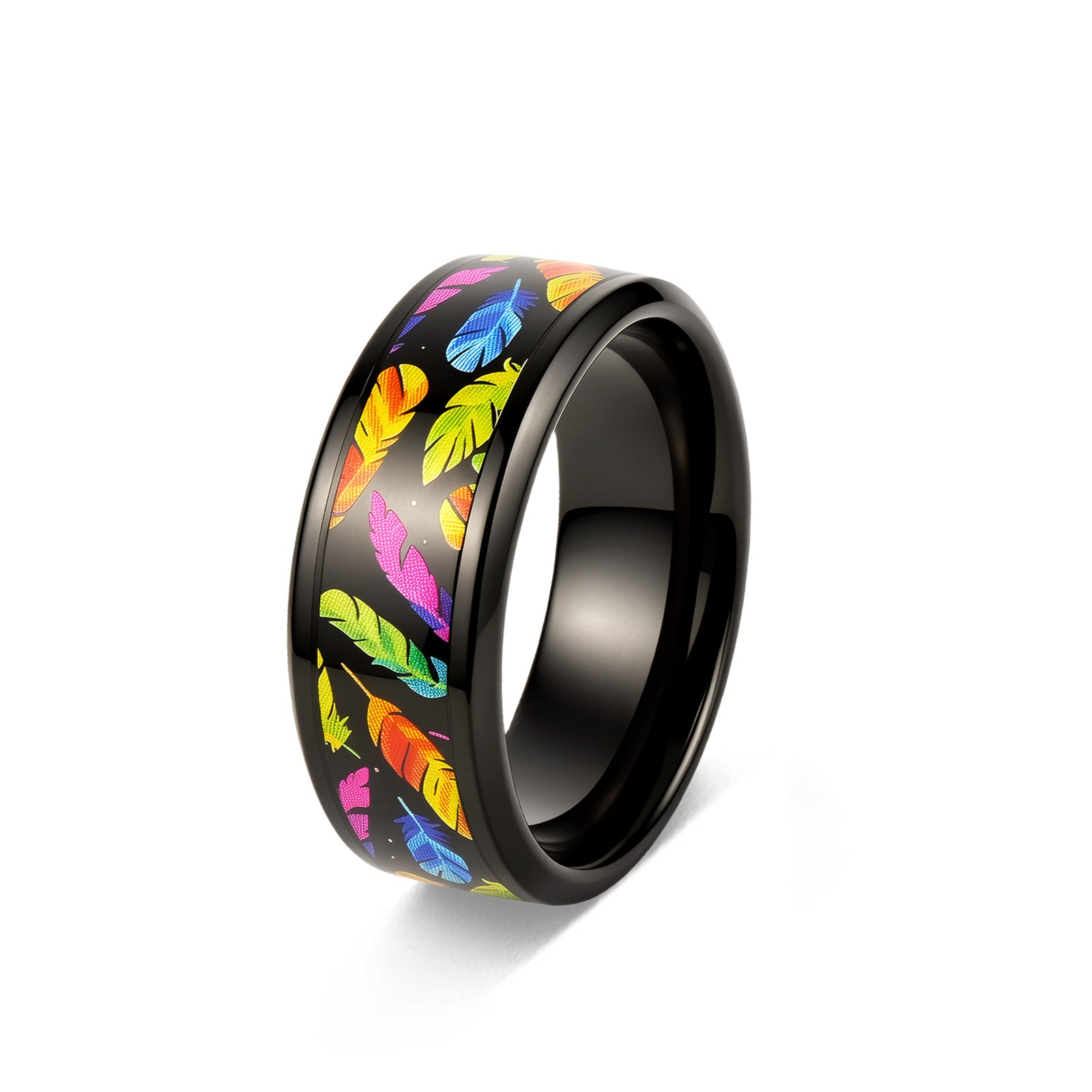 Wholesale Rainbow Feather Print Stainless Steel Ring European American Style Fashion Jewelry Accessory
