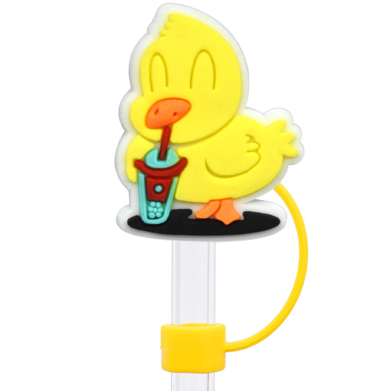 Wholesale Random 100pcs Cartoon yellow duck   10mm PVC Soft Straw Tube Cap