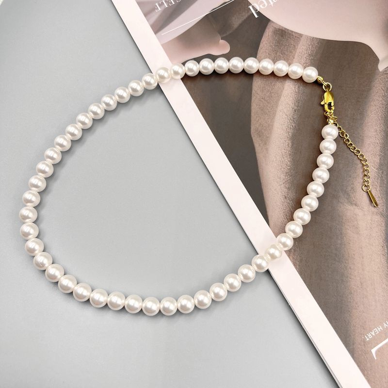 Wholesale French Glass Pearl 16 inch Long Necklace Light Luxury Clavicle Chain Titanium Steel Lobster Clasp ACC-NE-LaoY001