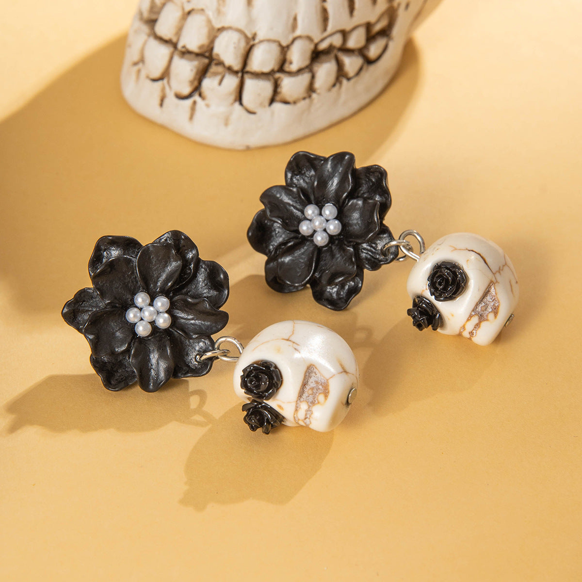 Wholesale Halloween Acrylic Skull Black Camellia Earrings