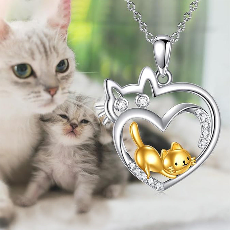 Wholesale Animal Cartoon Two Cats Diamond-Encrusted Two-Color Women's Clavicle Chain
