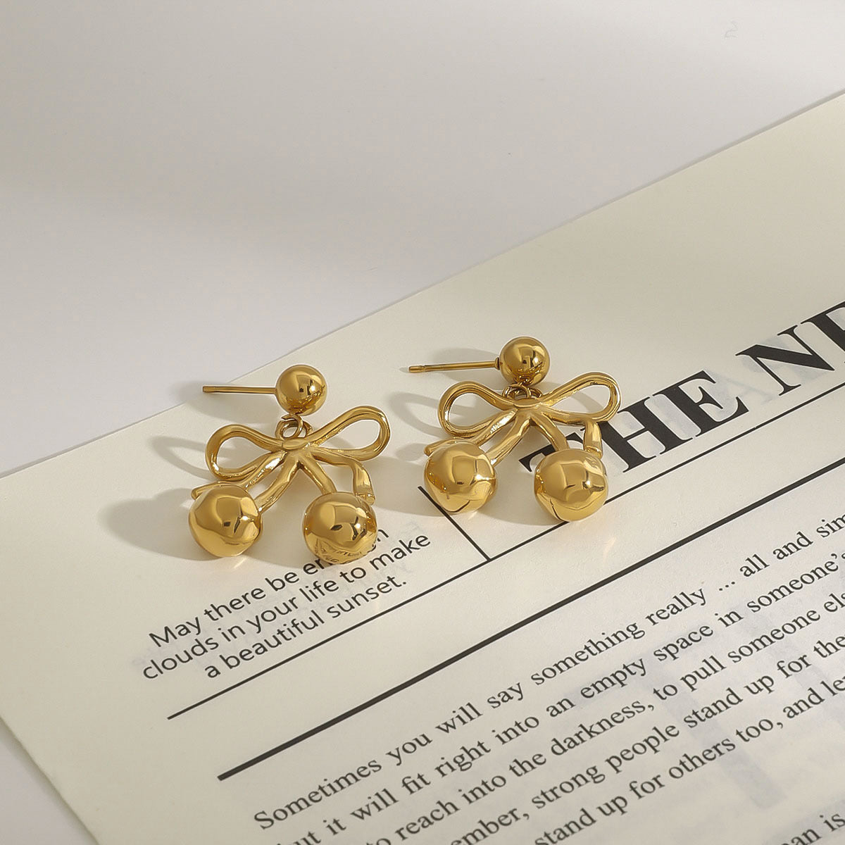 Wholesale  18K Gold Stainless Steel Bow Cherry Pendant Earrings