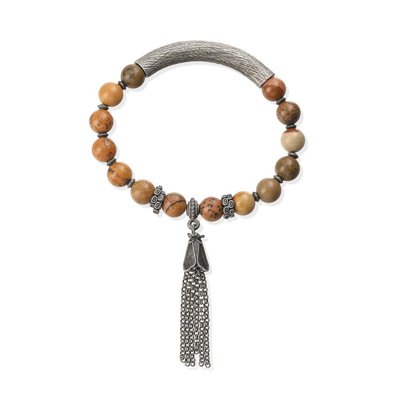 Wholesale New Chinese Style Gun Black Stone Bead Bracelet With Tassel Unisex Retro Wedding Gift Jewelry Accessory
