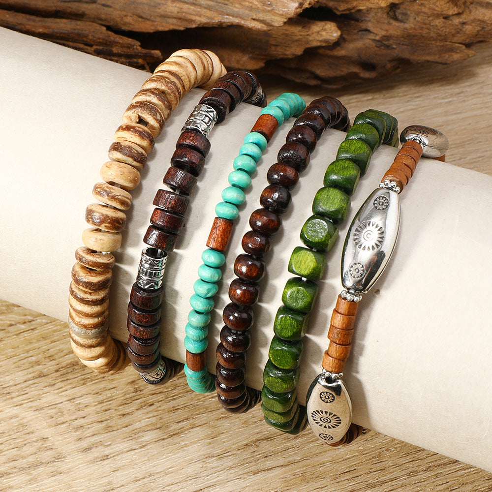 Wholesale  wooden bead alloy piece set multi-layer elastic bracelet