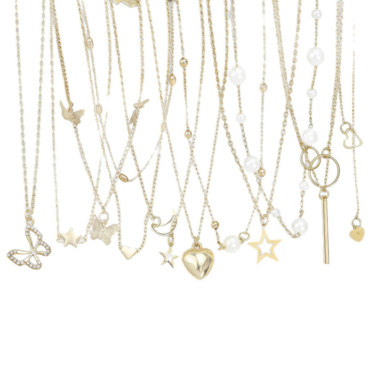 Wholesale Butterfly Heart Pendant Layered Necklace Set Gold Tone Fashion Jewelry Accessory Gift For Women Boutique Resale