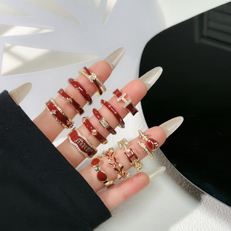 Wholesale Red Enamel Vintage  Drop Glaze Geometric Ring