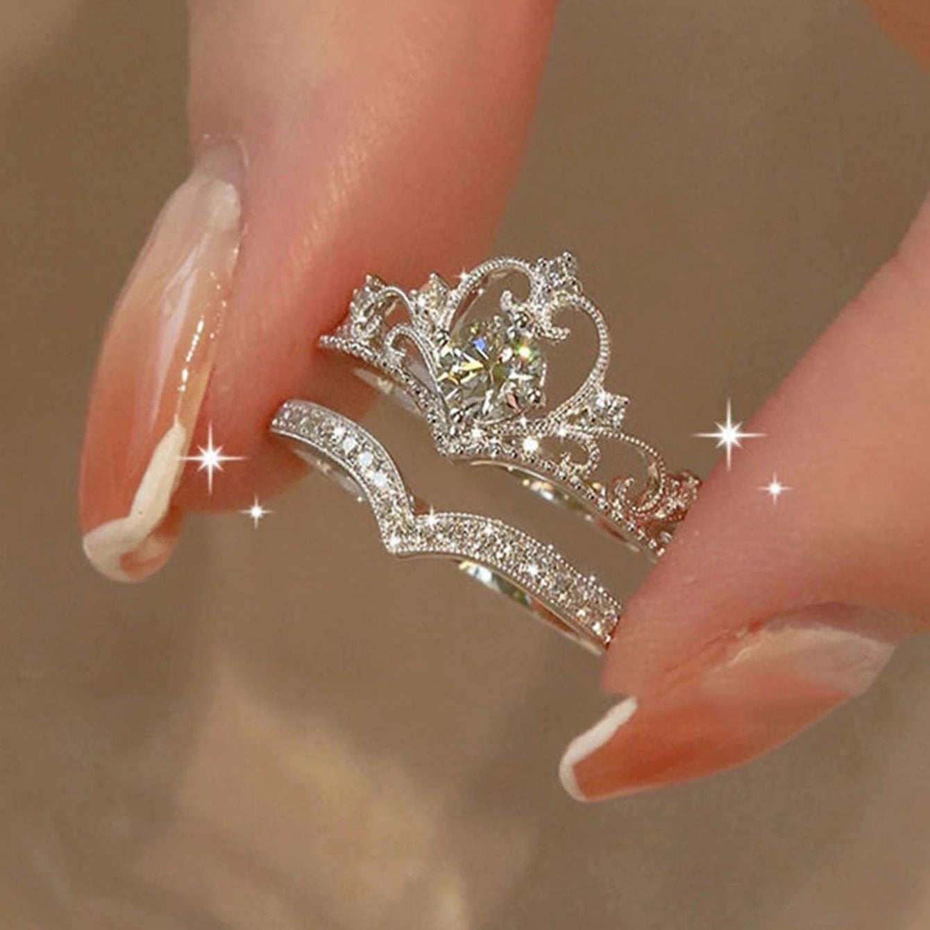 Wholesale Crown Princess Design Ring Set 2PCS Gold Alloy Fashion Jewelry Gift