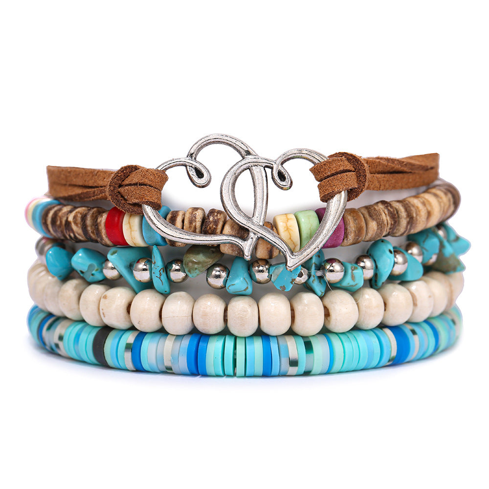 Wholesale Wooden turquoise evil eye heart and bull head beaded bracelet