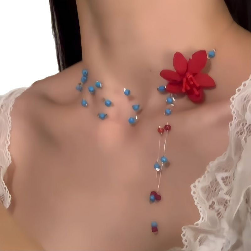 Wholesale Flower necklace blue beaded clavicle necklace