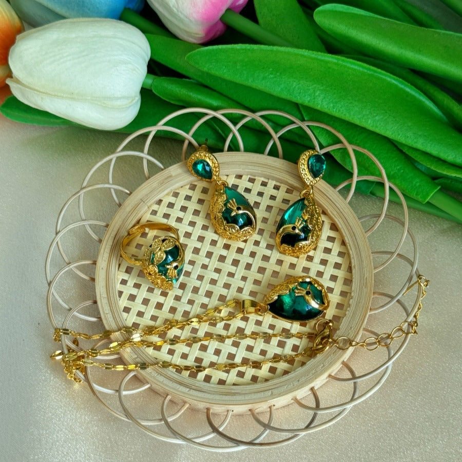 Wholesale gold peacock green crystal pendant water wave chain necklace earrings suit