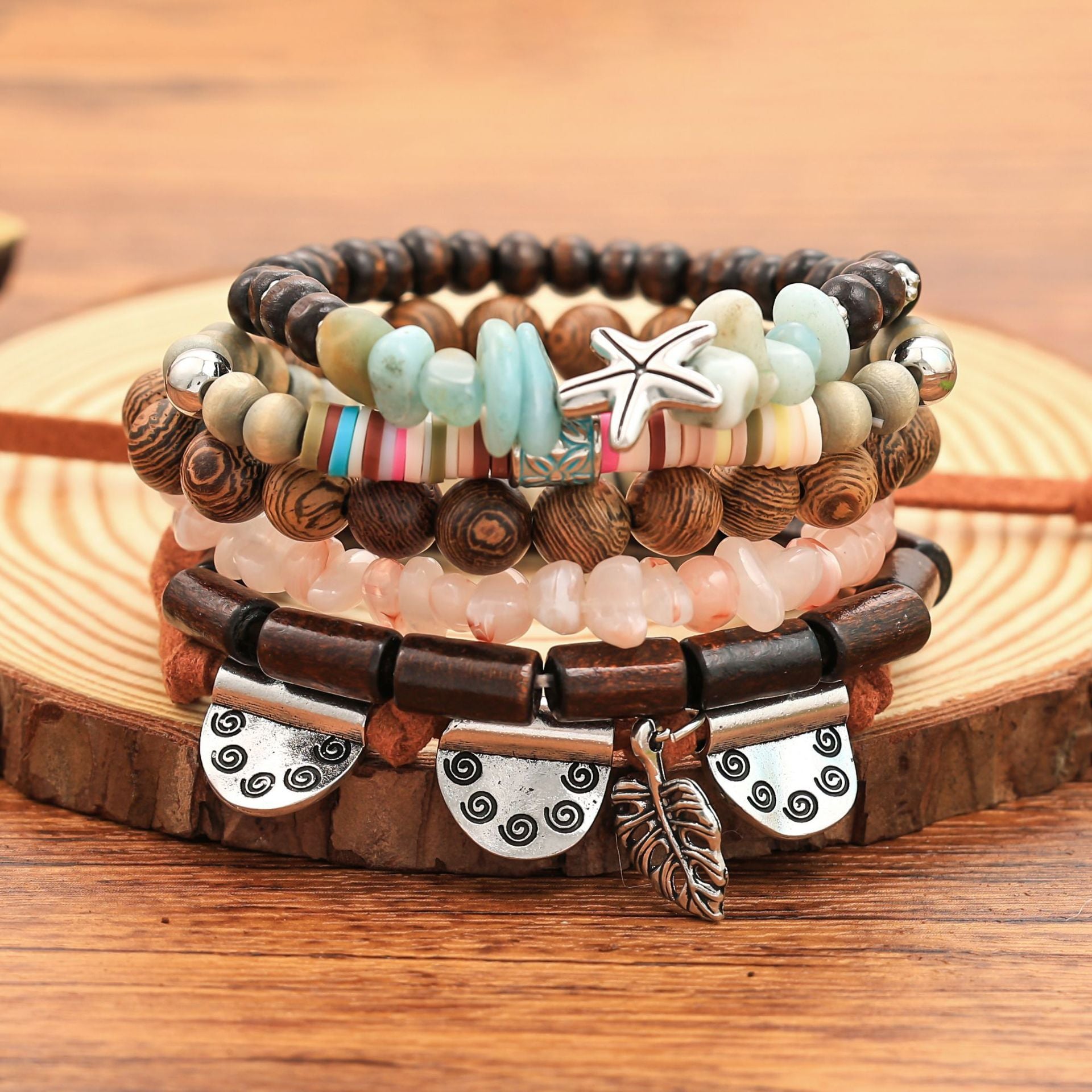 Wholesale Bohemian  Shell Wood Beads Beaded Soft y Pearl Stone Leather Bracelet