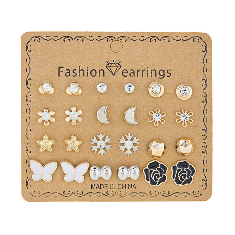 Wholesale month combination earrings 12 pairs of flowers love stars and moon diamond  earrings suit