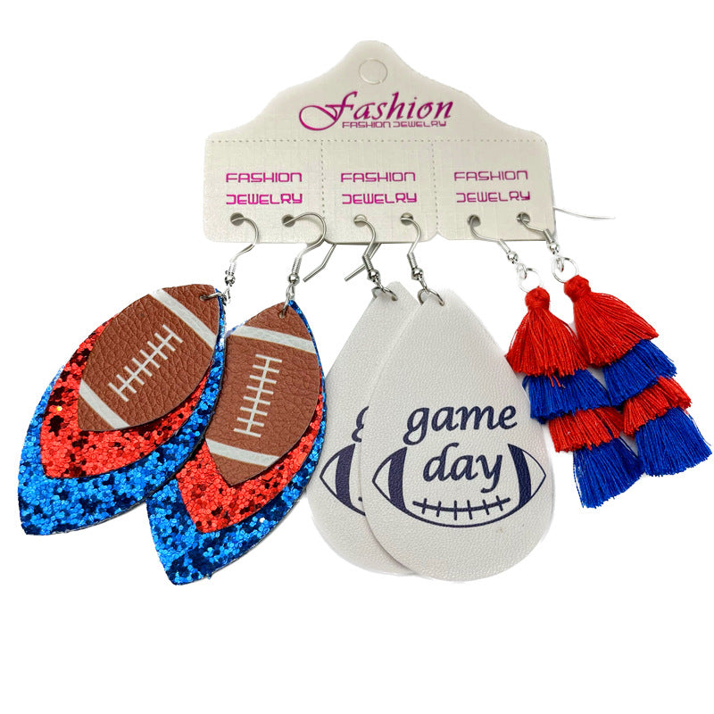 Wholesale 2 Sets Christmas Independence Day Football Rugby Softball Multi-layer Tassel Cheerleading PU Leather Earrings Set ACC-ES-HY128