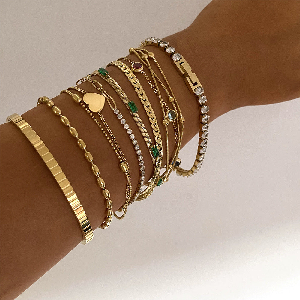 Wholesale  Stainless Steel Stacked  Inlaid Zircon Love Pendant Simple Design Bracelet suit