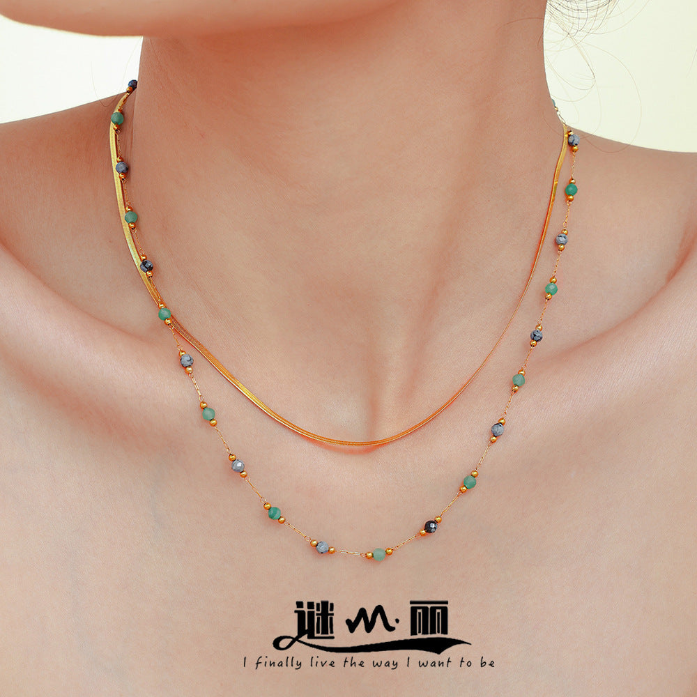 Wholesale Double Layer Overlapping Necklace in Green Gold Tone Chic Jewelry Accessory for Boutique Resale