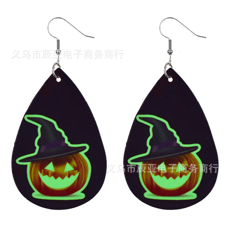 Wholesale Halloween Pumpkin Skull Fluorescent Green Luminous Leather Earrings ACC-ES-ChenY039