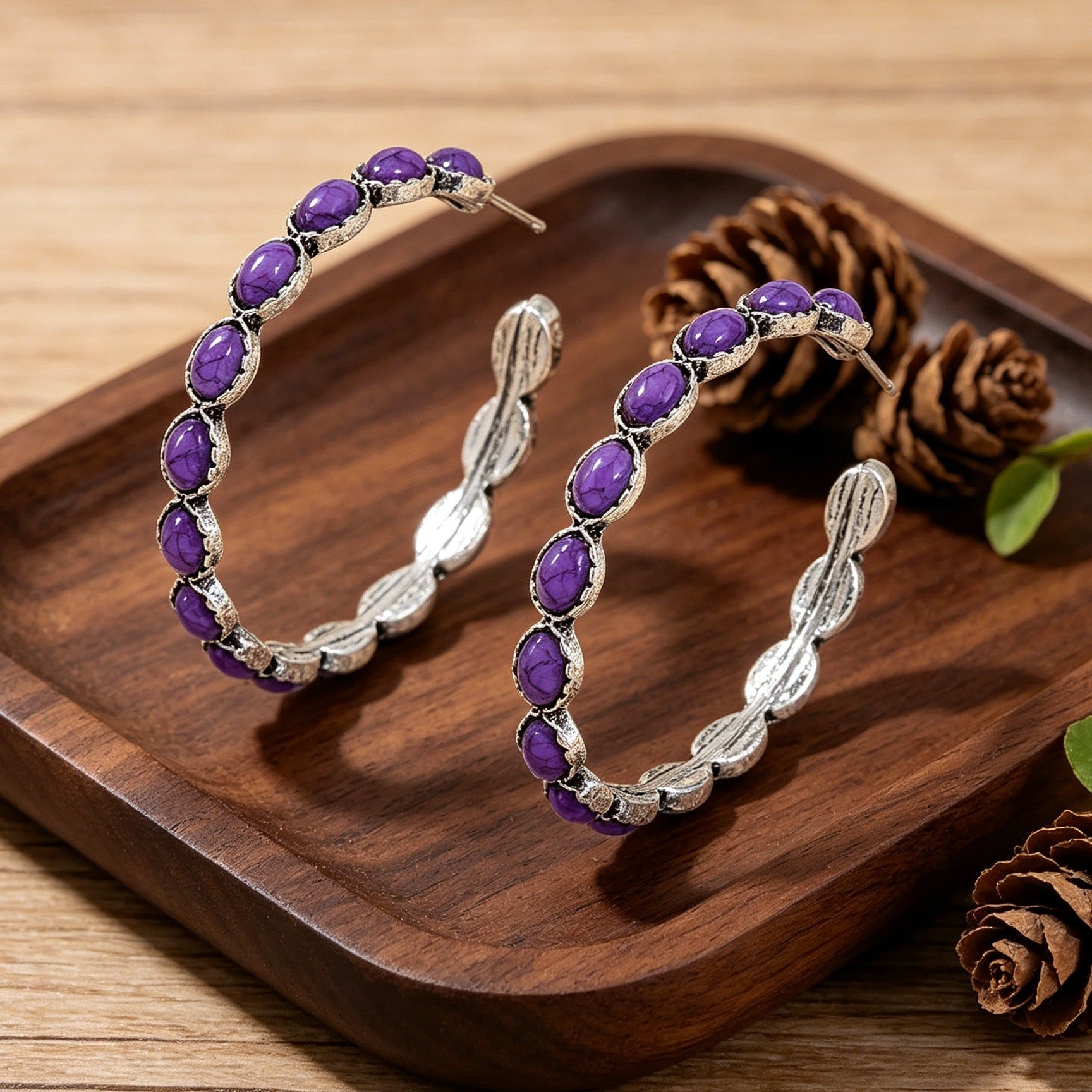 Wholesale Vintage Bohemian Large Hoop C Shape Alloy Earrings In Purple Turquoise Style Party Wear Fashion Accessory
