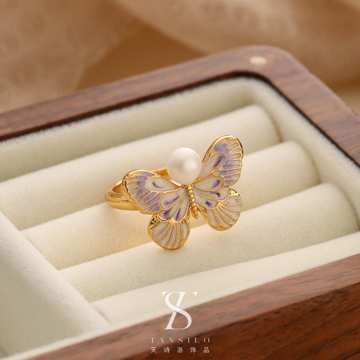 Wholesale Real Pearl Butterfly Ring Opening Ring Adjustable Non-fading Index Finger Ring