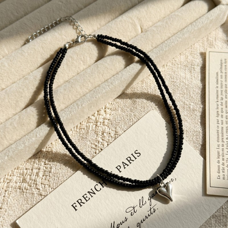 Wholesale Black Rice Bead Heart Pendant Necklace Double Layer Clavicle Chain Trendy Fashion Accessory For Women Gift Boutique Resale