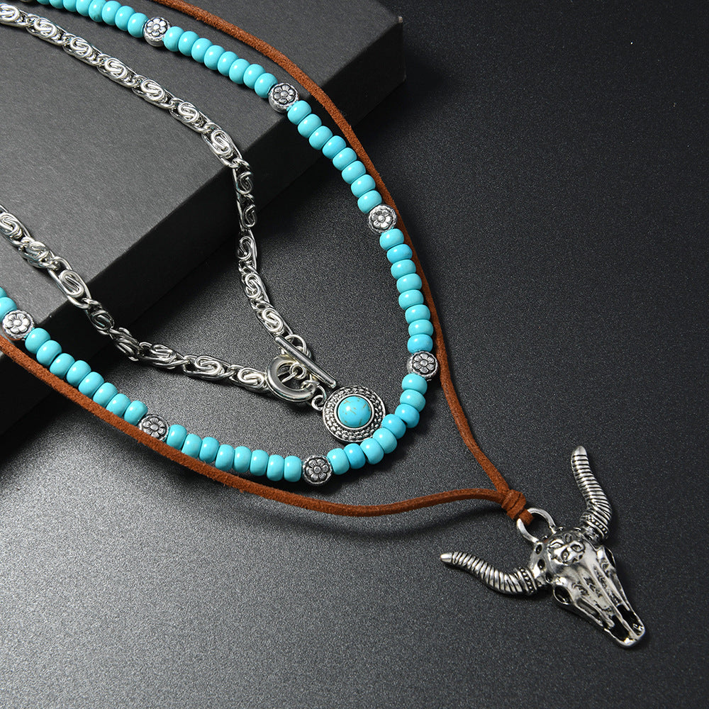 Wholesale Zinc Alloy Retro Cowboy Bull Head Pendant Layered Necklace Set With Turquoise Beads Ethnic Style Choker Fashion Jewelry For Resale