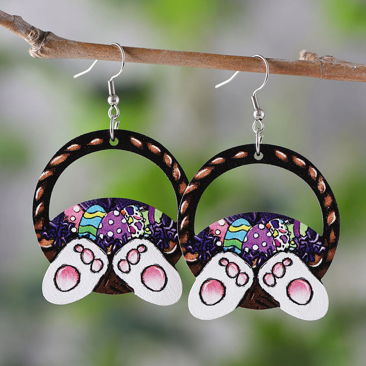 Wholesale Easter Egg Basket Hollow Water Drop Wooden Double Sided Earrings