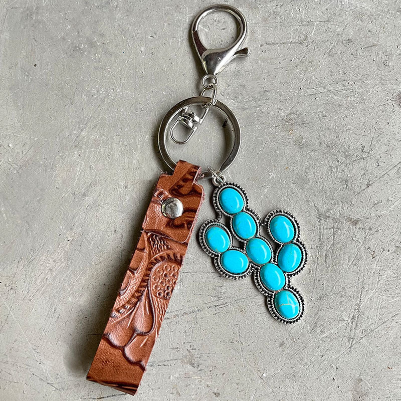 Wholesale Embossed Cowhide Leather Keychain With Turquoise Pumpkin Pendant Western Retro Style Key Ring Fashion Accessory