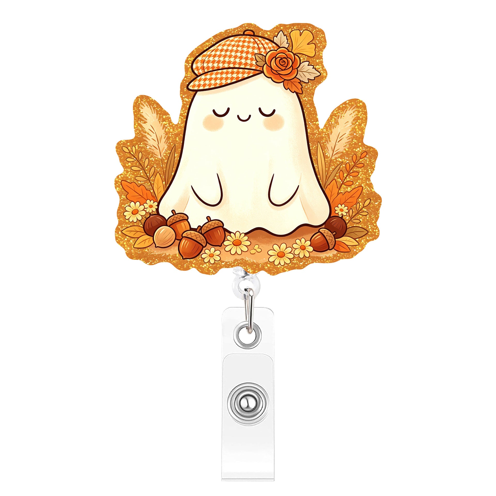 Wholesale Acrylic Gold Glitter BOO Thanksgiving Retractable Badge Reel Autumn Pumpkin Maple Leaf Design Fashion Accessory