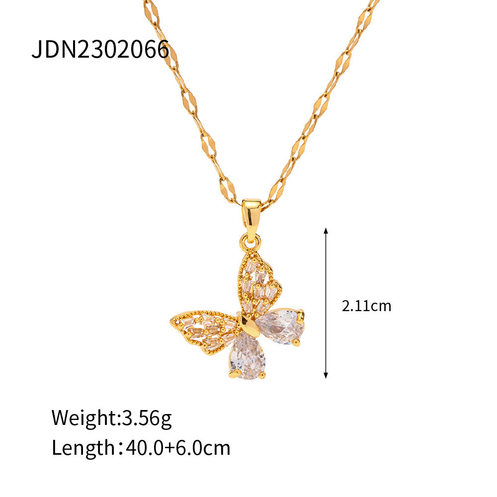 Wholesale  18K gold stainless steel inlaid white zircon butterfly pendant necklace